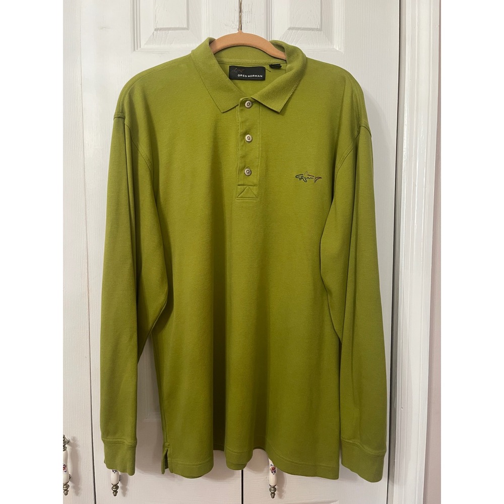 Greg Norman Mens Long Sleeve Polo Shirt Olive Green Shark Logo Size L